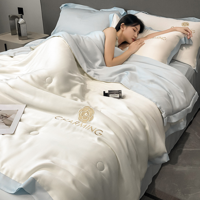 Bamboo Fiber Premium Lightweight Summer Set Four-Piece Quilt Embroidered Summer Cool Blanket Thin Version Dorm Single Cool Air Conditioner Quilt Machine Washable