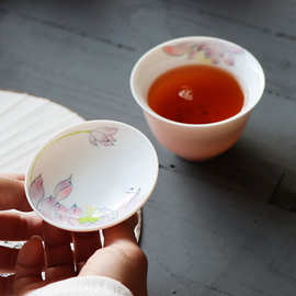 德化陶瓷色釉迷你粉色盖碗手绘五彩白瓷泡茶碗杯新中式大号小清新