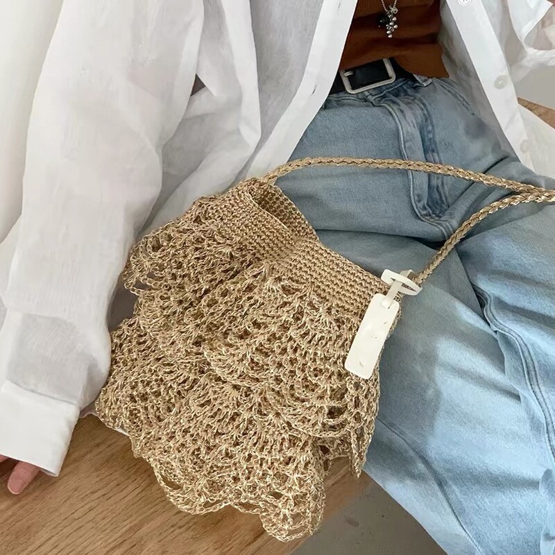 Crochet Silver Thread Skirted Bag for Women, Versatile Bucket Bag, Korean Style Gold Exquisite Hand-Woven Shoulder Bag, Handbag Crochet Silver Thread Skirted Bag for Women, Versatile Bucket Bag, Korean Style Gold Exquisite Hand-Woven Shoulder Bag, Handbag