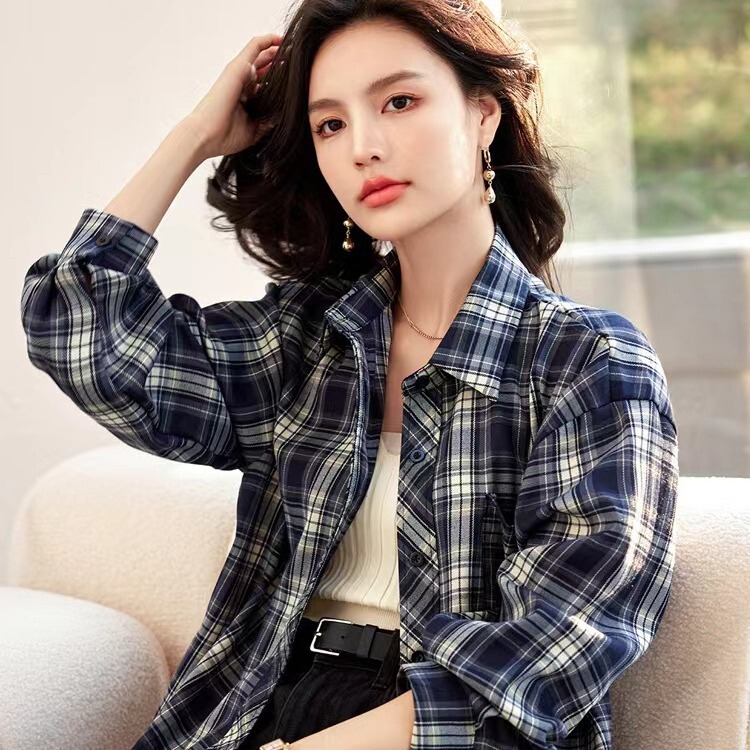 Counter Same Style 2024 Chunya New Women's Shirt Loose Slimming Look Not Easy to Wrinkle Plaid Shirt Casual Top Trendy