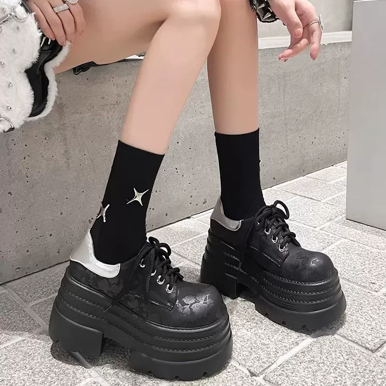 厚底松糕鞋女春秋系带小皮鞋真皮单鞋小个子增高防水台白色乐福鞋