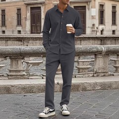 アマゾン独立駅の新型コーデュロイ男性春秋カジュアル襟付きボタンシャツ長袖長ズボンセット