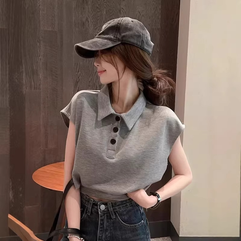 High-Waisted Hollow-Out Polo Collar Short-Sleeve T-Shirt for Women, Summer Casual Loose Lazy Style Short Top with Unique Design High-Waisted Hollow-Out Polo Collar Short-Sleeve T-Shirt for Women, Summer Casual Loose Lazy Style Short Top with Unique Design