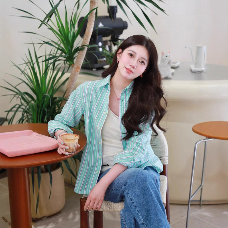 American Retro [Honeydew Shirt] Japanese Yarn-Dyed Striped Shirt, Fashionable Casual Loose-Fit Long-Sleeve Top