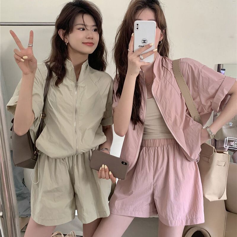 Cross-Border Korean-Style Petite Casual Sports Sun-Protection Set for Women, Summer Workwear Windbreaker Jacket and Wide-Leg Shorts Two-Piece