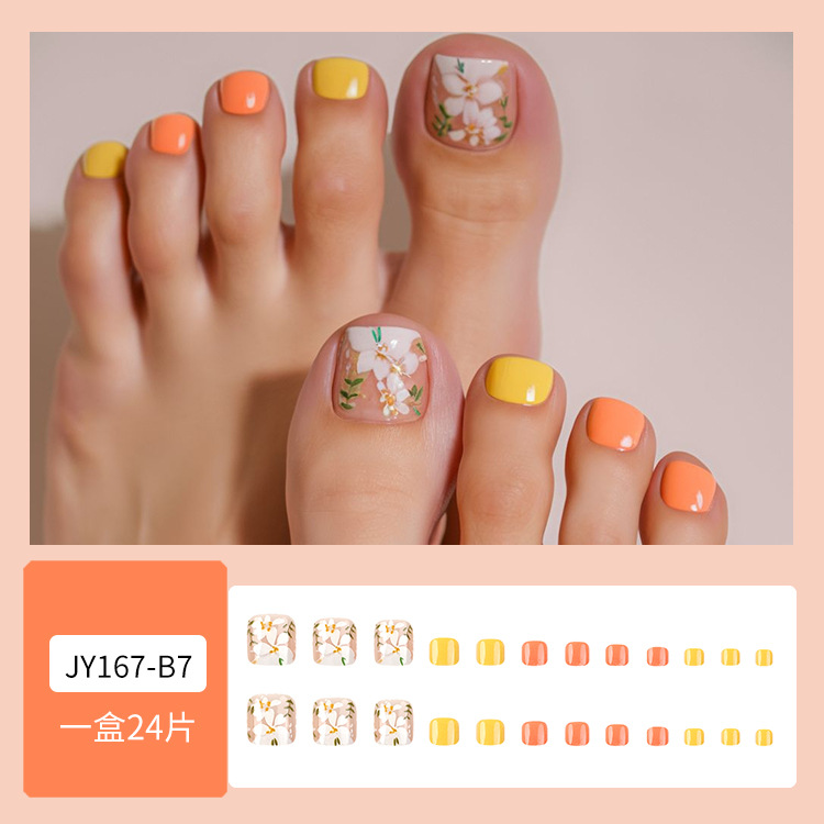 Uñas postizas de moda con diseño floral y hojas verdes, 24 piezas, pegatinas para uñas de los pies, producto terminado, superventas transfronterizo, uñas postizas listas para usar.