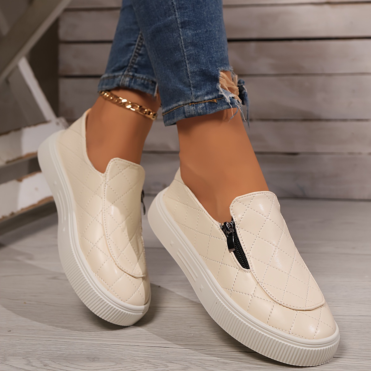 Sandal sport casual plat pentru femei, mărimi mari, cu fermoar lateral din PU, cu o singură parte superioară_voghion.com