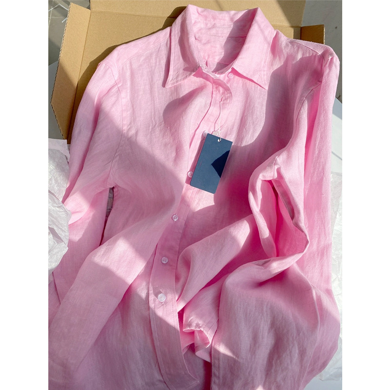 This year's popular pink Ramie shirt Women's Spring and Autumn 2023 new boyfriend wind loose casual long sleeve cotton shirt