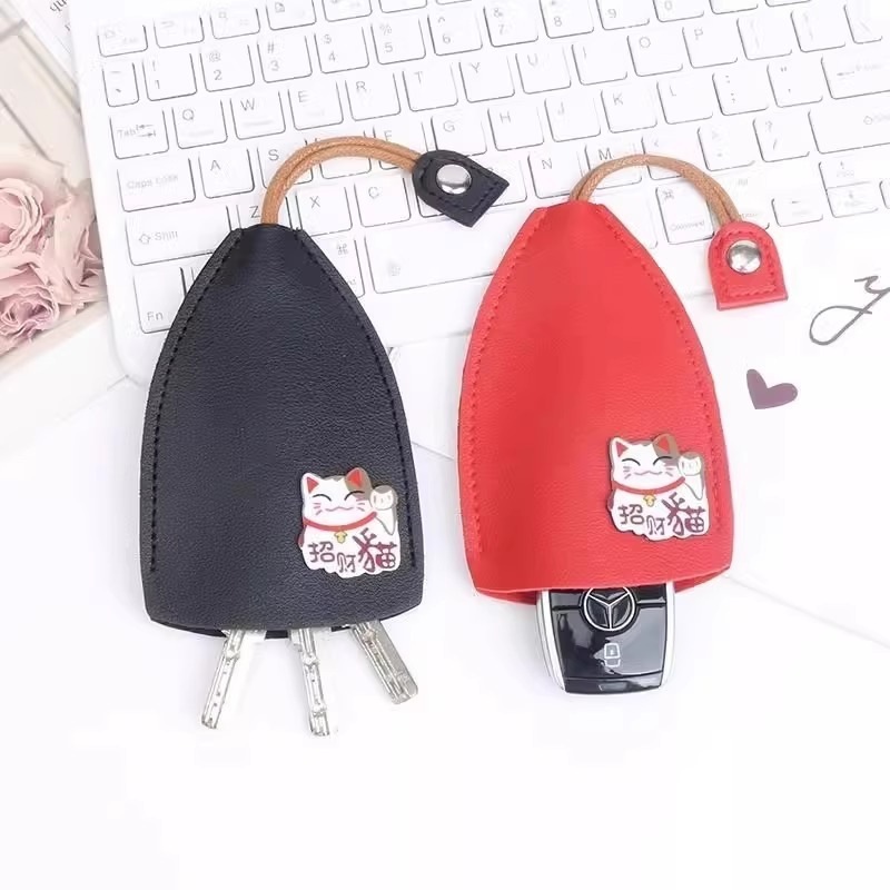 PU leather pull-out compact key case, portable cartoon car key universal protective cover, creative open-top design for home use