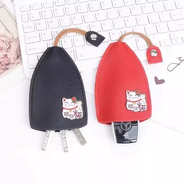 PU leather pull-out compact key case, portable cartoon car key universal protective cover, creative open-top design for home use
