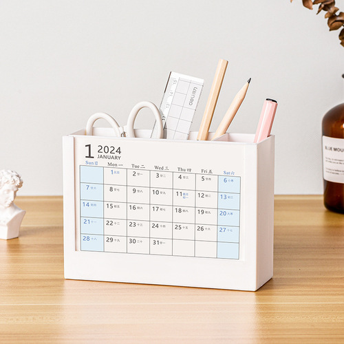 Desk Calendar 2024 Creative Office Pen Holder Storage Desktop Ornaments Calendar Planner Photo Printing Custom Logo