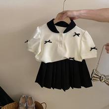 童装女宝宝学院风套装2025夏装女童蝴蝶结短袖上衣百褶裙两件套潮