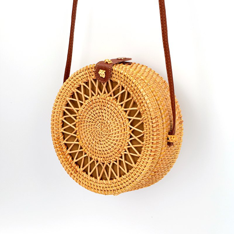 Bolsa de ratán, mini bolsa diagonal, canasta de bosque, bolsa redonda tejida de arte retro, bolsa de hebilla de cubo de vacaciones