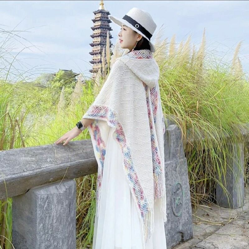 Ethnic Style Hooded Shawl Women's Outer Hooded Cape Air-conditioned Room Yunnan Xizang Travel Photo Scarf Waste Earth Style