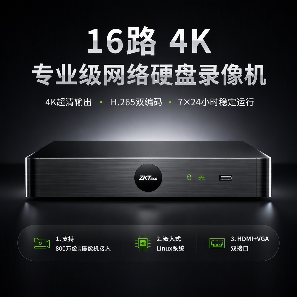 4K网络硬盘录像机NVR 16路监控主机支持800万摄像头双盘位ZKTeco