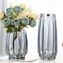 创意大号玻璃瓶透明彩色水培富贵竹百合玫瑰竖棱花瓶客厅插花摆件