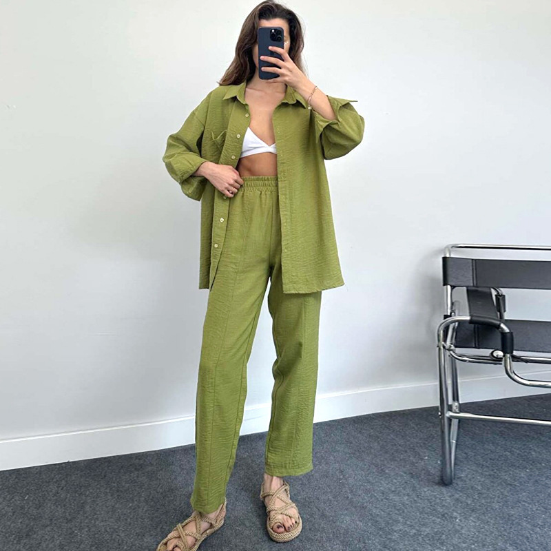 Completo da donna europeo-americano per il commercio estero, camicia a maniche larghe da donna, pantaloni lunghi primaverili da donna._voghion.com