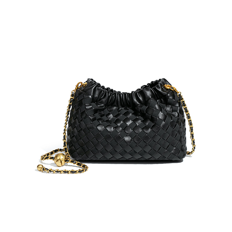 New Woven Cloud Bag With Gold Chain, Handmade Horizontal Shoulder & Crossbody Bag, Gold Ball Small Square Drawstring Pleated Bag - Thumbnail 6