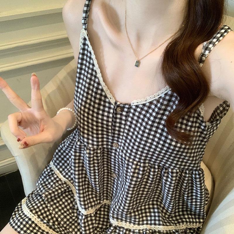 French Floral Pajamas for Women Summer 2025 New Sexy Suspender Shorts Sweet Cloud Cotton with Chest Pad Home Clothes