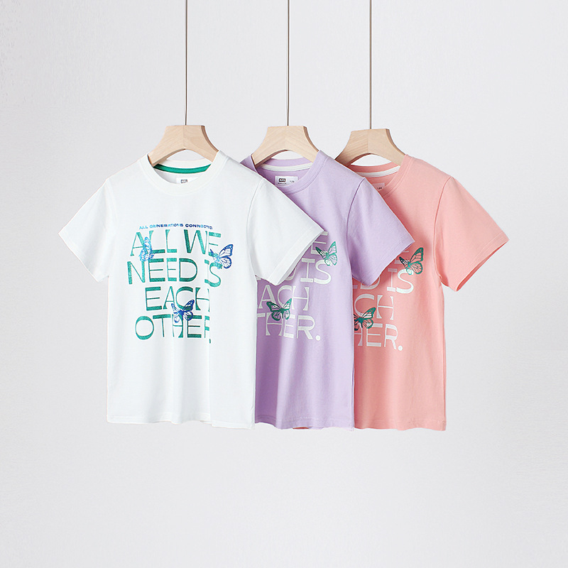 Ropa infantil de algodón de verano estilo coreano nueva camiseta de las niñas niños grandes brillo impreso transpirable superior bebé niñas de manga corta al por mayor