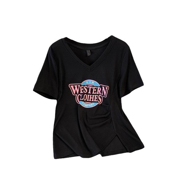 Tops reductoras de edad de talla grande para mujer, diseño de estilo occidental, manga corta, cuello en V, letras impresas, pliegues, hombros abiertos, camiseta femenina, grasa