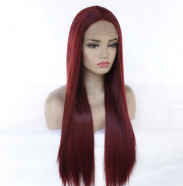 Popular damas rojo oscuro cabello recto largo pelucas de fibra química delantera encaje mitad mano tejida gorra de cabeza comercio exterior LW0093