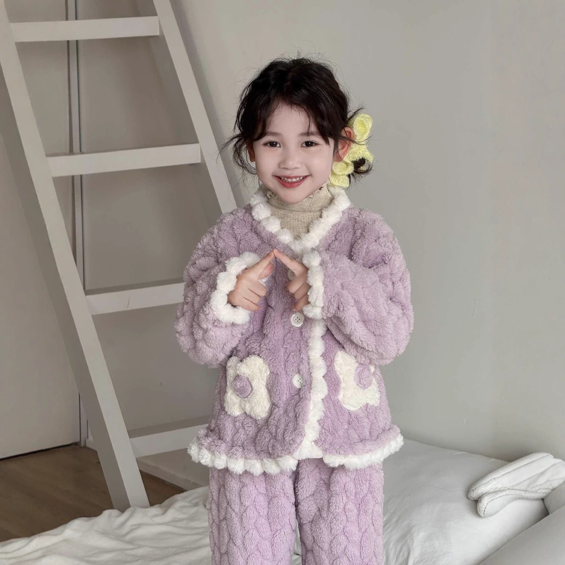 Parent-Kids Kidsren's Home Clothes Set Autumn and Winter Girls' Style Fleece-Lined Thickeneded Warm Lace Cardigan Pajamas Kidsren's Clothing