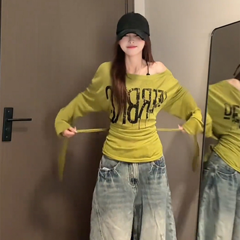 American Retro Sexy Printed Long-Sleeved T-Shirt Sun Protection Blouse for Women Summer Strappy Waist Design Loose Top