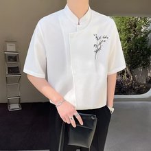 假两件短袖衬衫男夏季潮牌冰丝体恤衫2024新款新中式男装立领衬衣