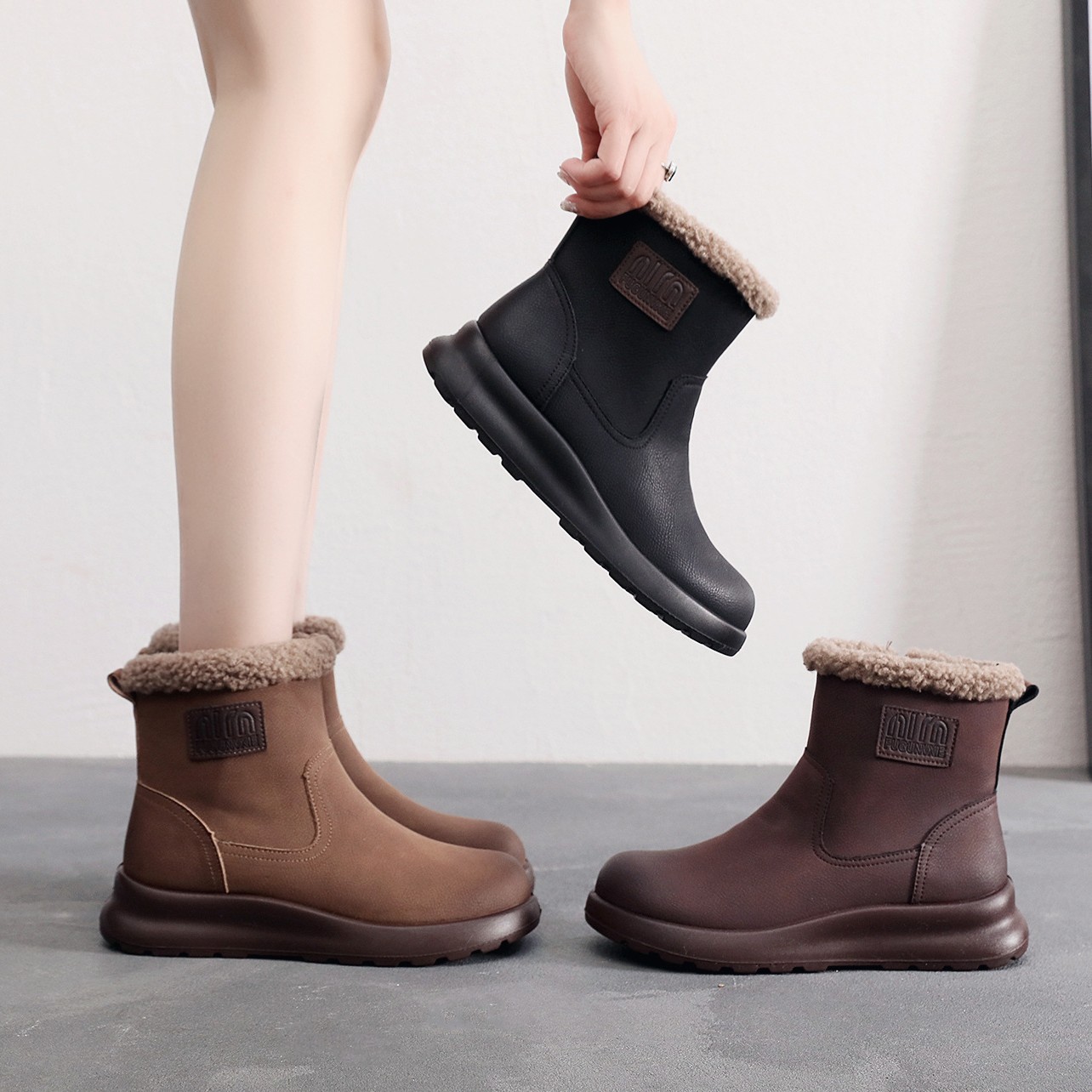 Genuine Leather Snow Boots Moms Shoes Cotton Shoes fleece-lined Thickened Warm Non-slip Ankle Boots Middle-aged and Elderly Women's Shoes Winter New