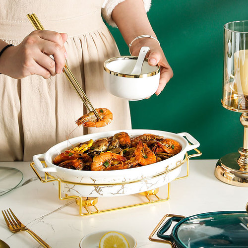 Nordic style oval ceramic soup pot home hotel tableware casserole holder candle heated fish plate double ear dry pot wholesale