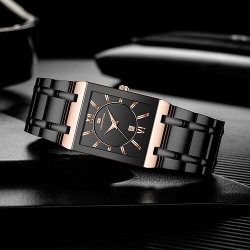 Business Calendar Quartz Waterproof Watch Black Gold Brand Square Men's Steel Band Watch Live Source Watch
