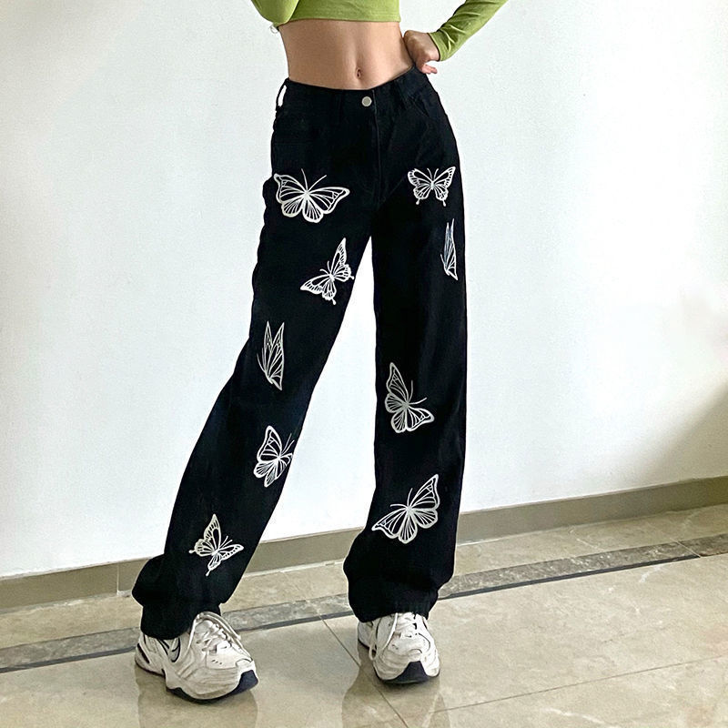 Butterfly print denim pants