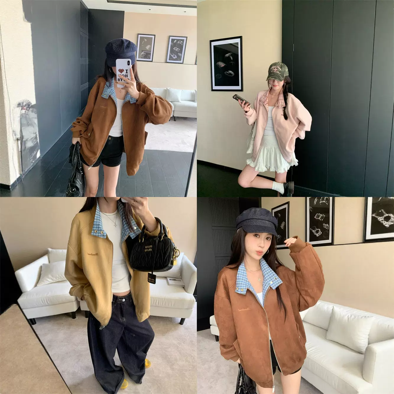 韩系格子拼接仿麂皮绒外套女秋季空气层棒球服休闲夹克上衣86815