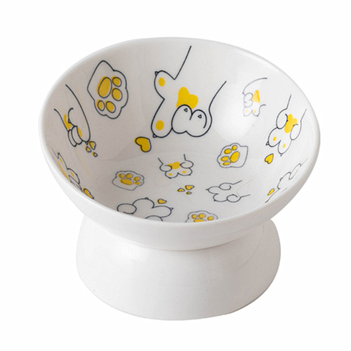 Cartoon cat bowl, ceramic cat food bowl, cervical vertebra oblique mouth pet tall bowl, cat food water basin, dog and cat rice bowl