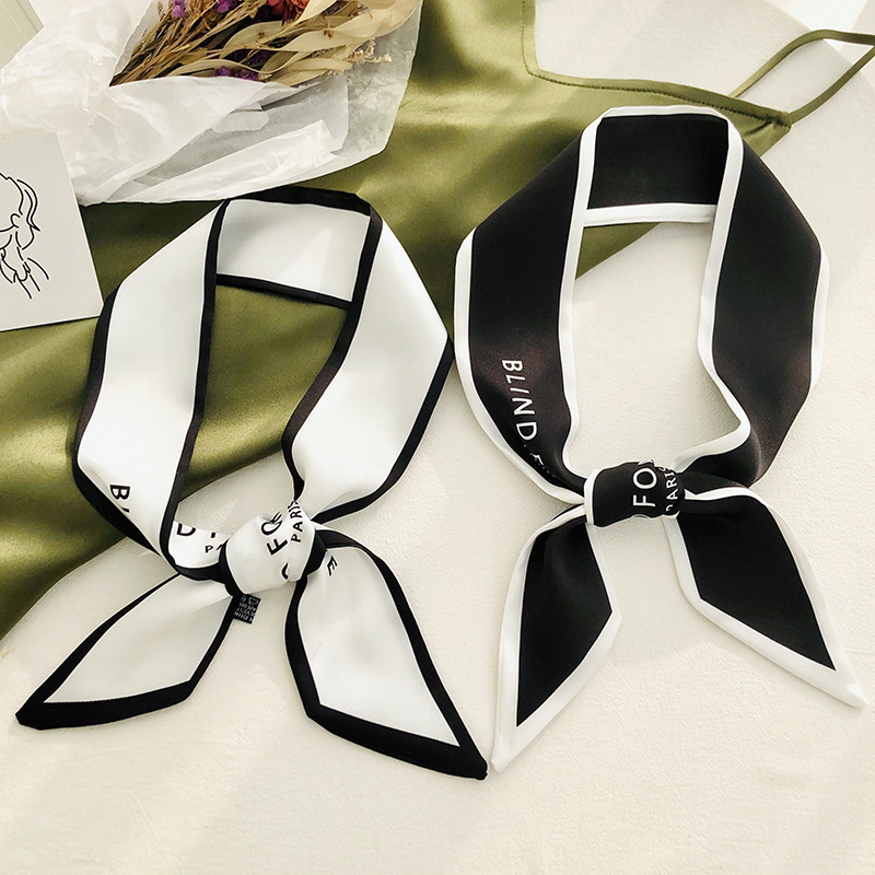 Bufanda de seda francés carta retro delgada bufanda de seda larga estrecha banda de pelo de las mujeres elegante estilo ins bufanda de seda corbata de pelo pequeña bufanda de seda cinta