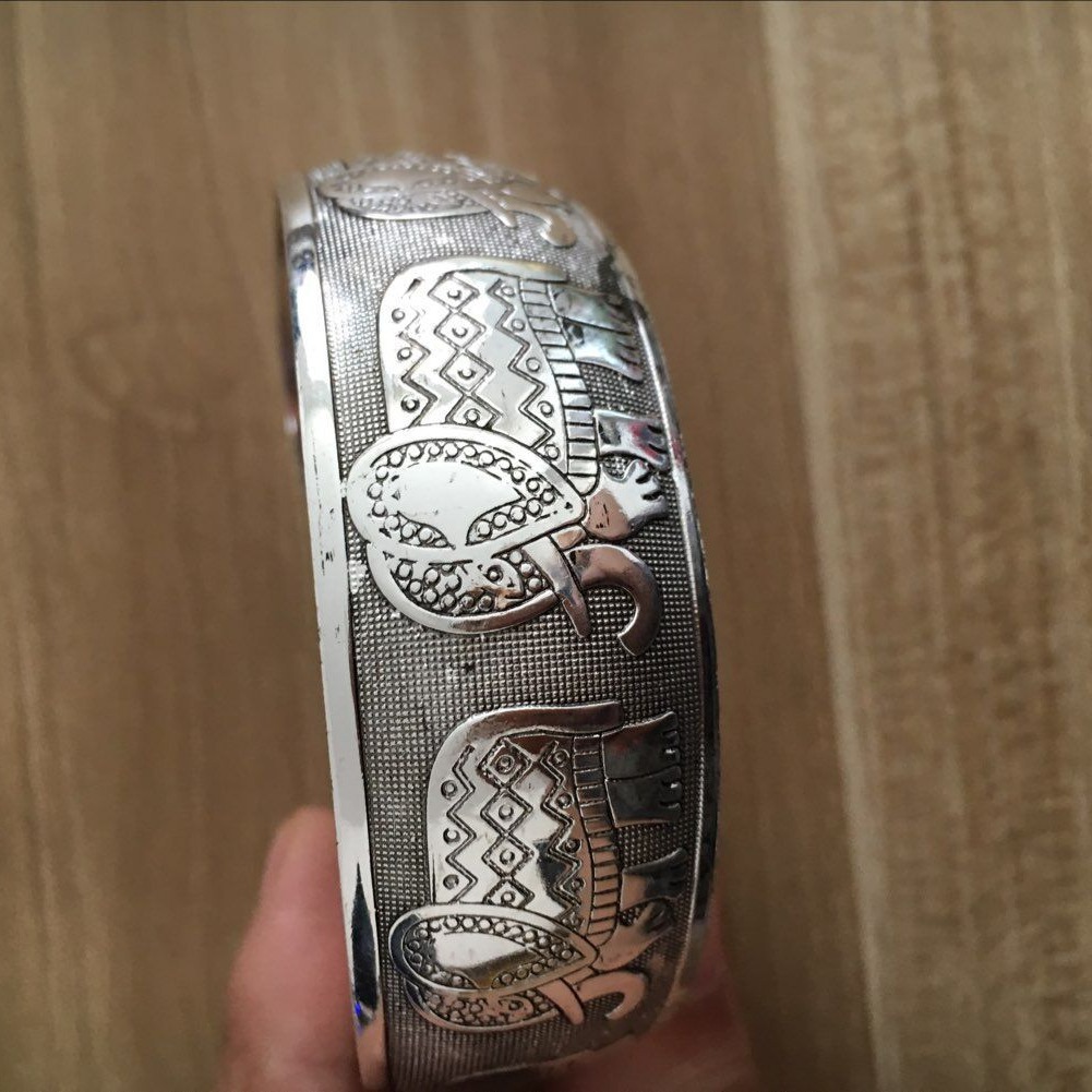 Ancient Silver Elephant Bracelet Miao Silver Hidden Silver Jewelry Wholesale Elephant Carved Women's Wide Bracelet Opening Bracelet