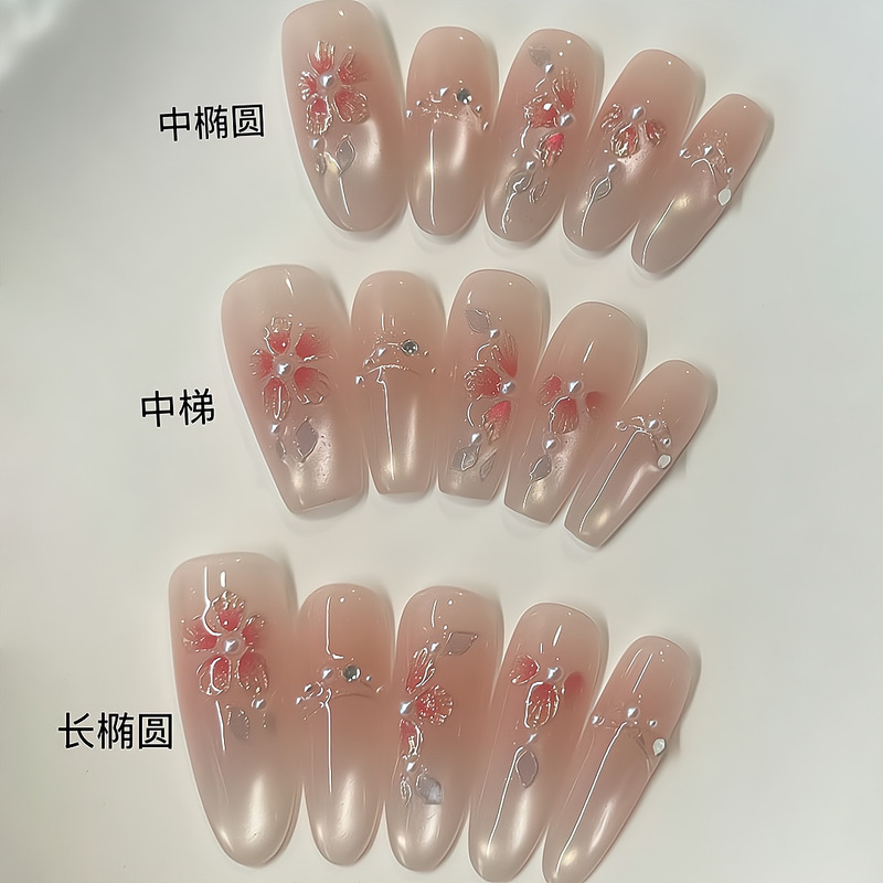 Chinese Style Cool French Enamel Painted Small Flowers Handmade Manicure Wearable Nails Whitening High-End Elegant Finished Products Wholesale