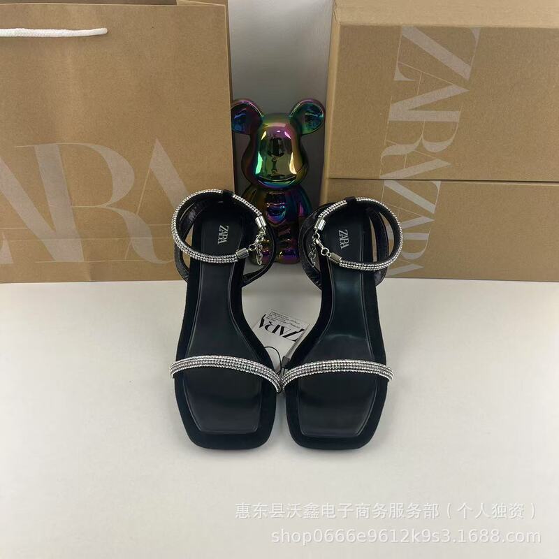 Zar Summer New Women's Shoes Black Diamond Buckle Fairy Elegant Square Toe High Heels Stiletto Sandals