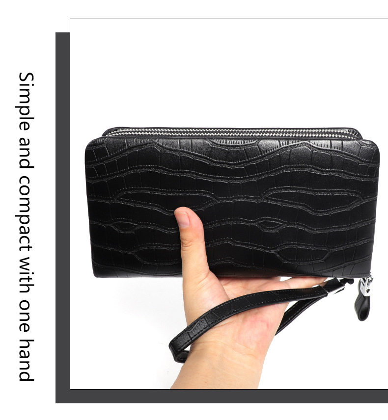 Ví nam dài vân cá sấu da bò thật khóa kéo đôi nhiều ngăn đựng thẻ 21×4,5×11 cm — Màu đen vân cá sấu cỡ nhỏ, Màu đen vân cá sấu cỡ trung chi tiết 8