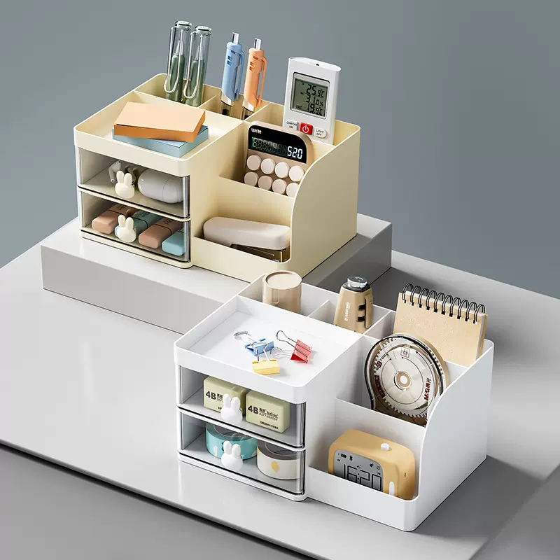 奶油风笔筒收纳盒办公带抽屉宿舍桌上书桌抽屉可爱文具桌面置物架