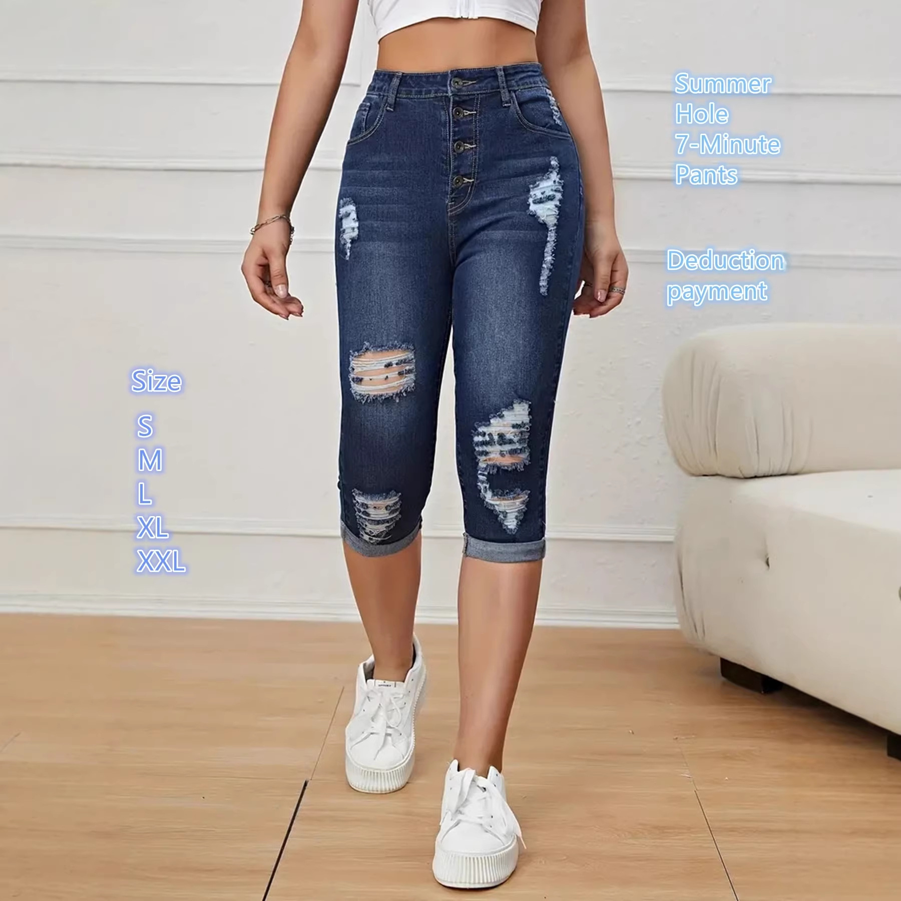 Temu Tk European and American Cross-Border Foreign Trade Hot-Selling Trendy High-Waisted Slim-Fit Ripped Rolled-Edge Stretch Denim Cropped Jeans for Women