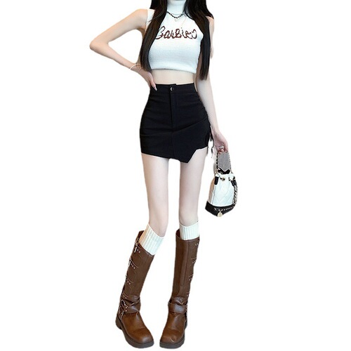 Women's 2025 Black High-Waisted A-Line Semi-Skirt for Spring Summer Suit Material Plus Size Hip-Hugging Summer Drawstring Short Skirt