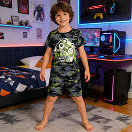男童迷彩游戏手柄印花图案短袖短裤家居服睡衣套装