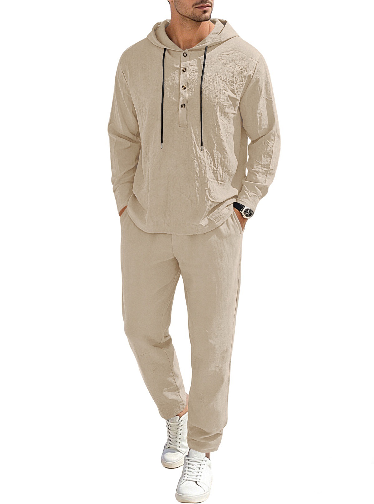 Nuevo transfronterizo europeo y americano TK Amazonas hombre nuevo lino de color sólido con capuzas de tirada manga larga pantalones para hombres