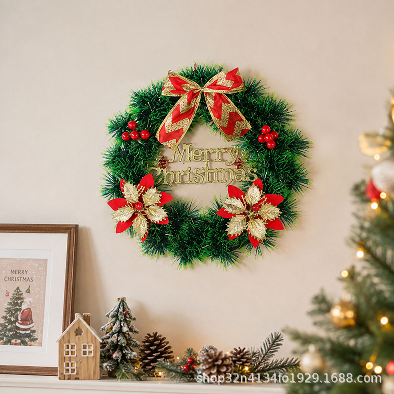 Nuevos productos transfronterizos decoraciones de árboles de Navidad de varios tamaños, coronas de pared, coronas de flores, escaparates de Ratán al por mayor image 5