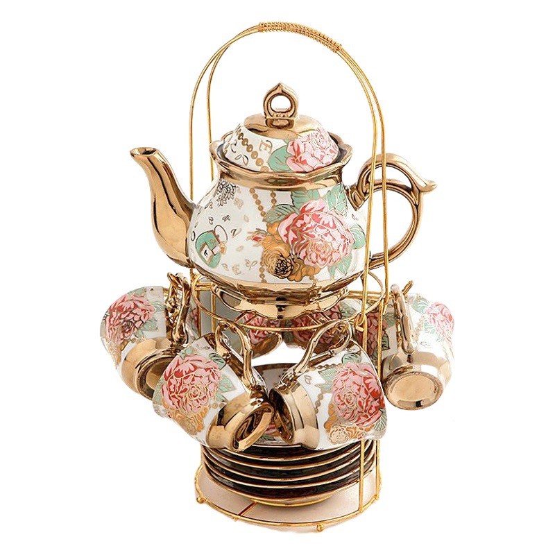 Cross-border European-style ceramic coffee cup and saucer suit afternoon tea set electroplating coffee set 13-piece Amazon hot sale