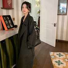 24年秋冬新款西装领羊驼绒双面呢子纯色宽松带兜系带长款外套大衣