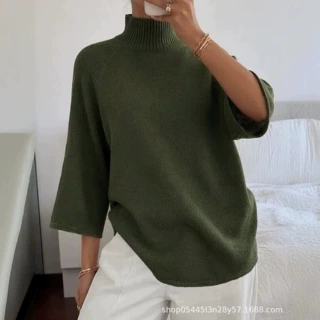 2026欧美外贸跨境纯色高领女装时尚七分袖百搭宽松秋冬上新爆款