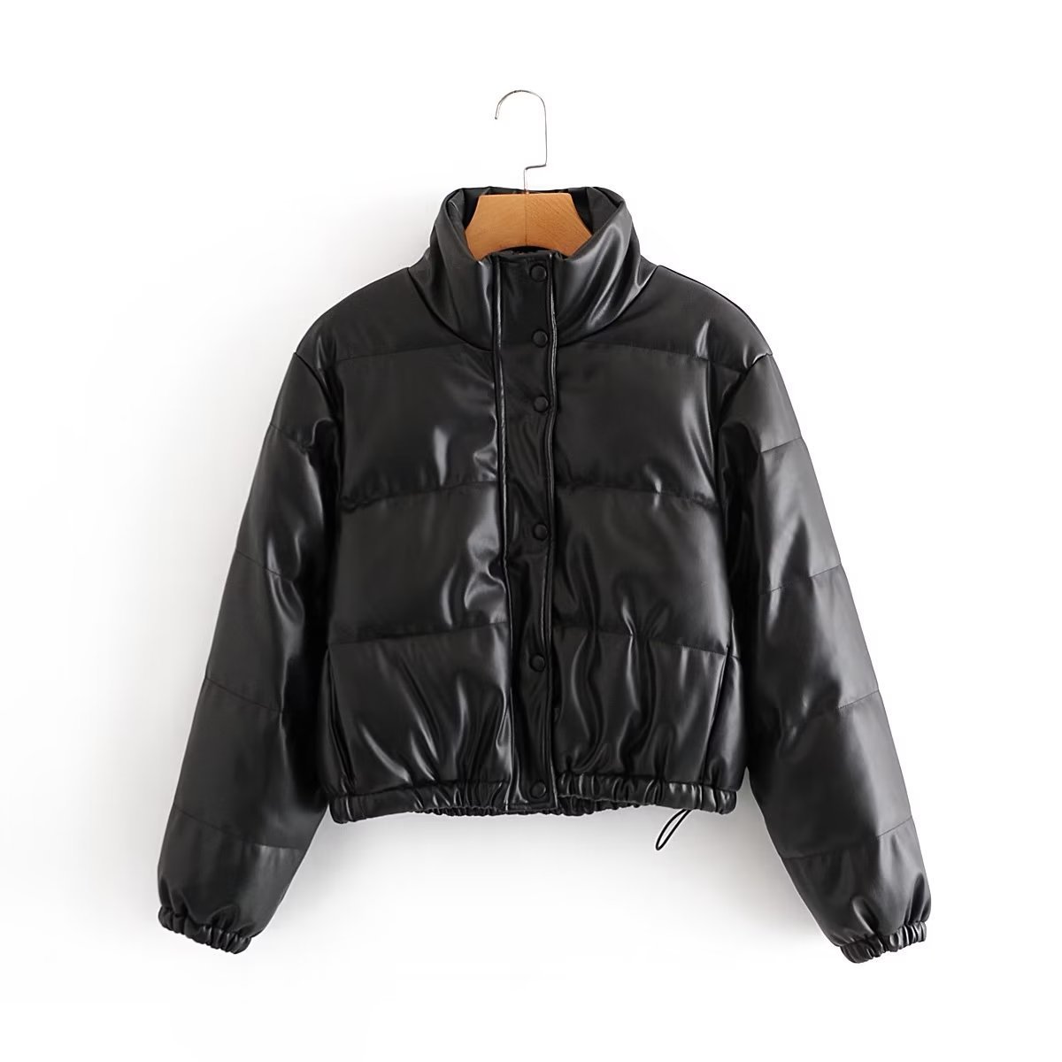 Women's Clothing Fashionable PU Faux Leather Jacket With Cotton Filling, Stand Collar, Minimalist Urban Casual Coat For Winter (Khaki/Black/Brown)_ecoleips.com